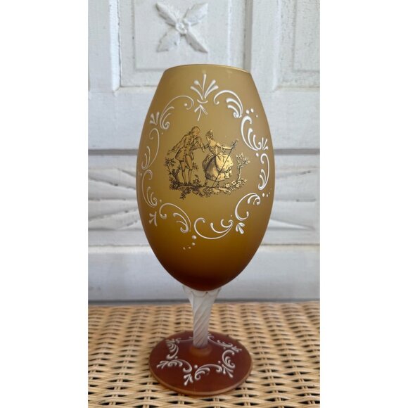 Vintage MCM Large Pedestal Vase Goblet Amber satin Glass Courting Couple 12" - Picture 10 of 10